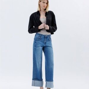 Blue Wide Leg Flare Jeans with Cuffed Hem